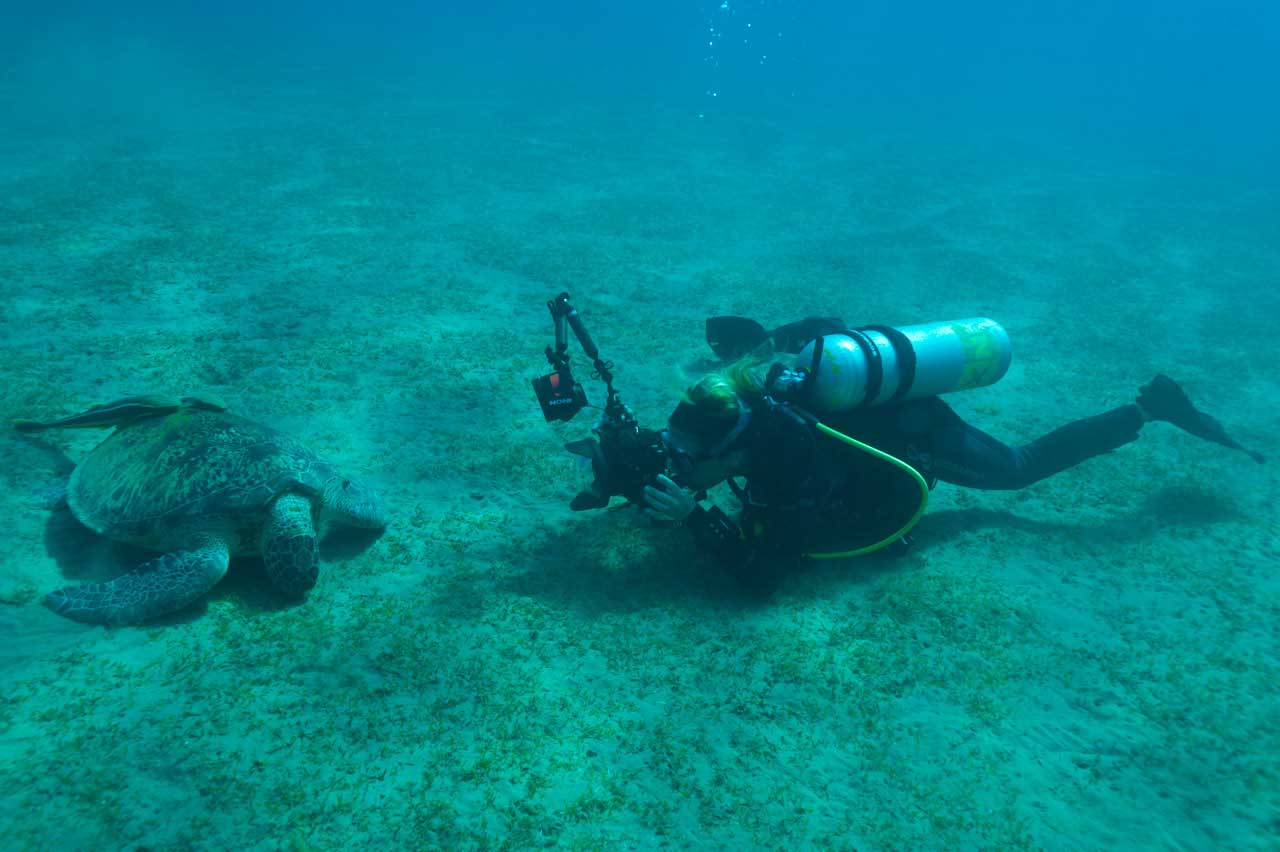 Elena, une stagiaire pendant un stage de photo sous-marine, essaie une approche créative nouvelle.