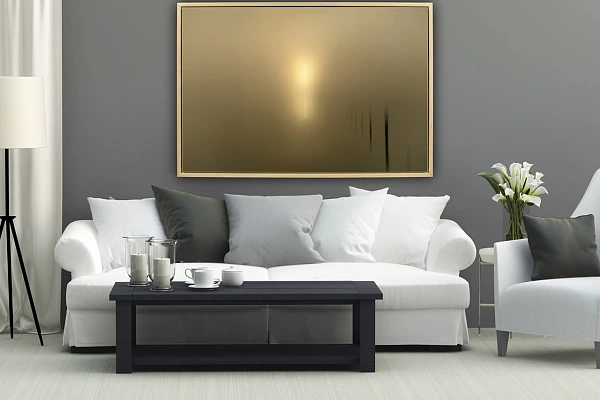 Fine Art Print Collections with the ‘Impression’ Style A living room with a photo in the style 'Impression' exposed on the wall. Rising sun in impression